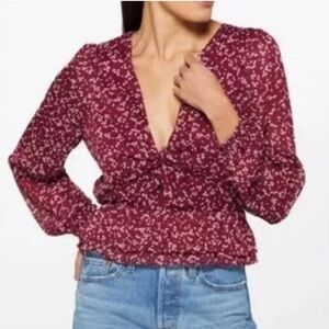 LUSH Shay Peplum Cropped Blouse L NWOT Burgundy Cream Romantic Bohemian Floral